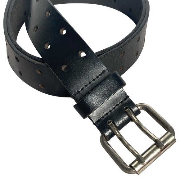 Dickies Leather Double Prong Belt Mens 38 Black Silver Tone Buckle - Picture 1 of 8